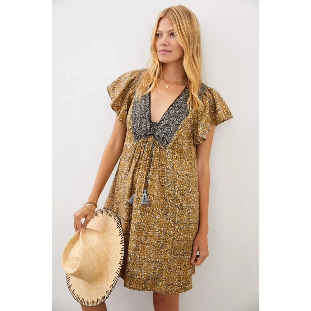 By Anthropologie Astrid Tunic Cotton Floral Boho Festival Dress In Yellow Sz XS
